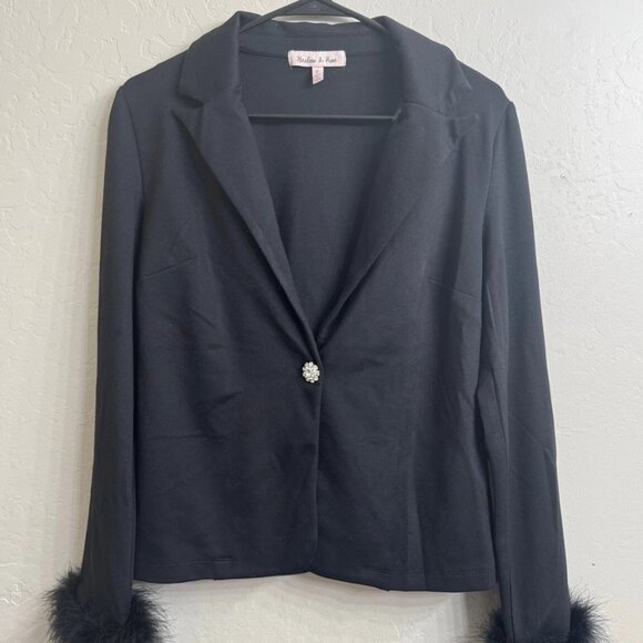 Black Feather Cuff Blazer | Rhinestone Button | Size S | Retro Glam NWT - Picture 1 of 3
